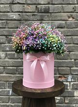 Цветочная композиция из Гипсофила и Розы в шляпной коробке в Рыздвяный