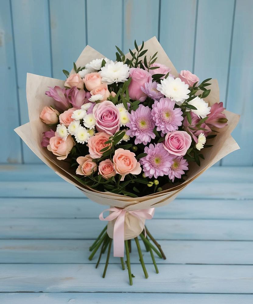 Букет цветов из: Хризантемы, Розы и Альстромерии в Рыздвяный