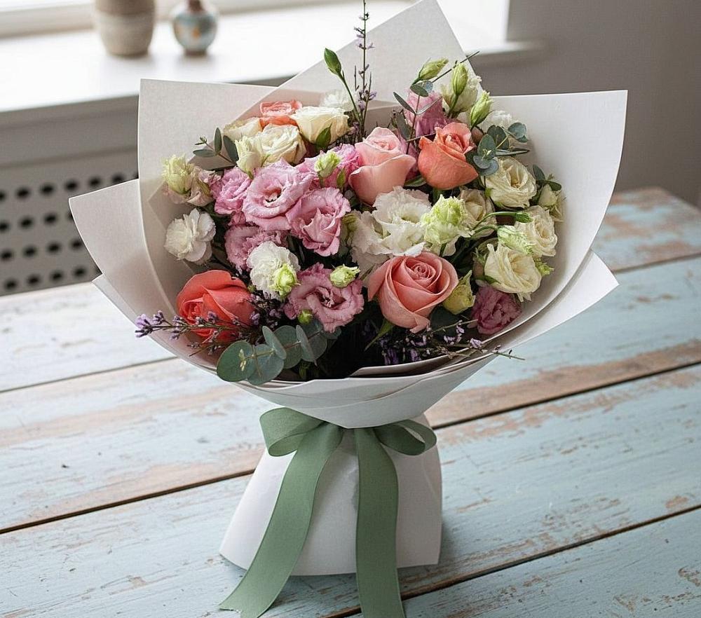 Букет цветов из: Розы, Лизиантусы и Гвоздики в Рыздвяный