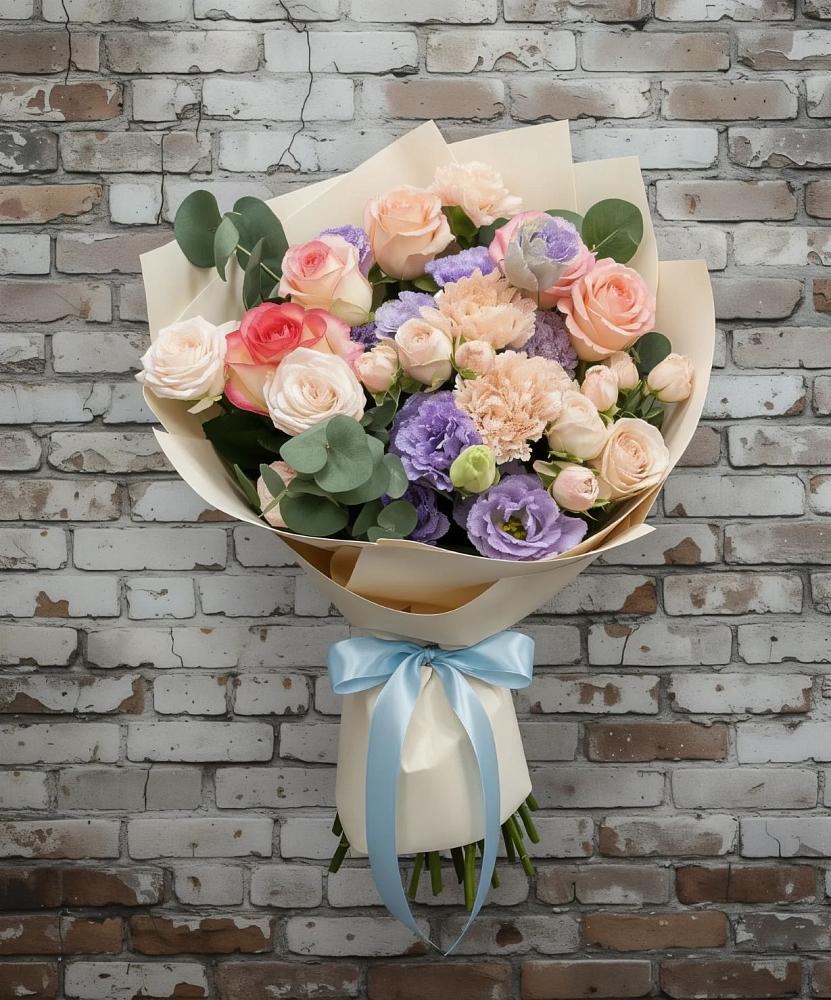 Букет цветов из: Розы, Лизиантусы и Гвоздики в Рыздвяный