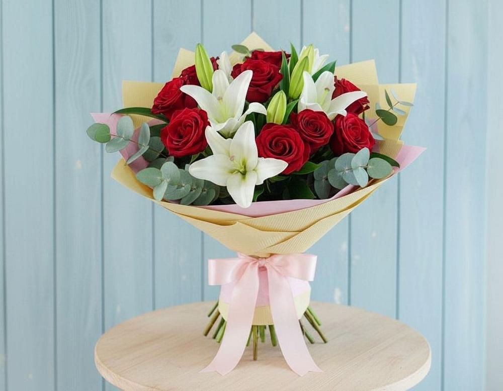 Букет цветов из: Лилии и Розы в Рыздвяный
